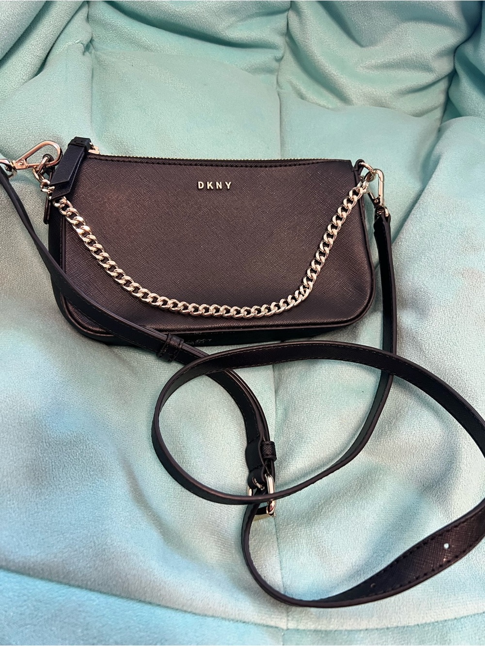 DKNY Bryant Black Saffiano Leather Crossbody Bag with Silver Chain